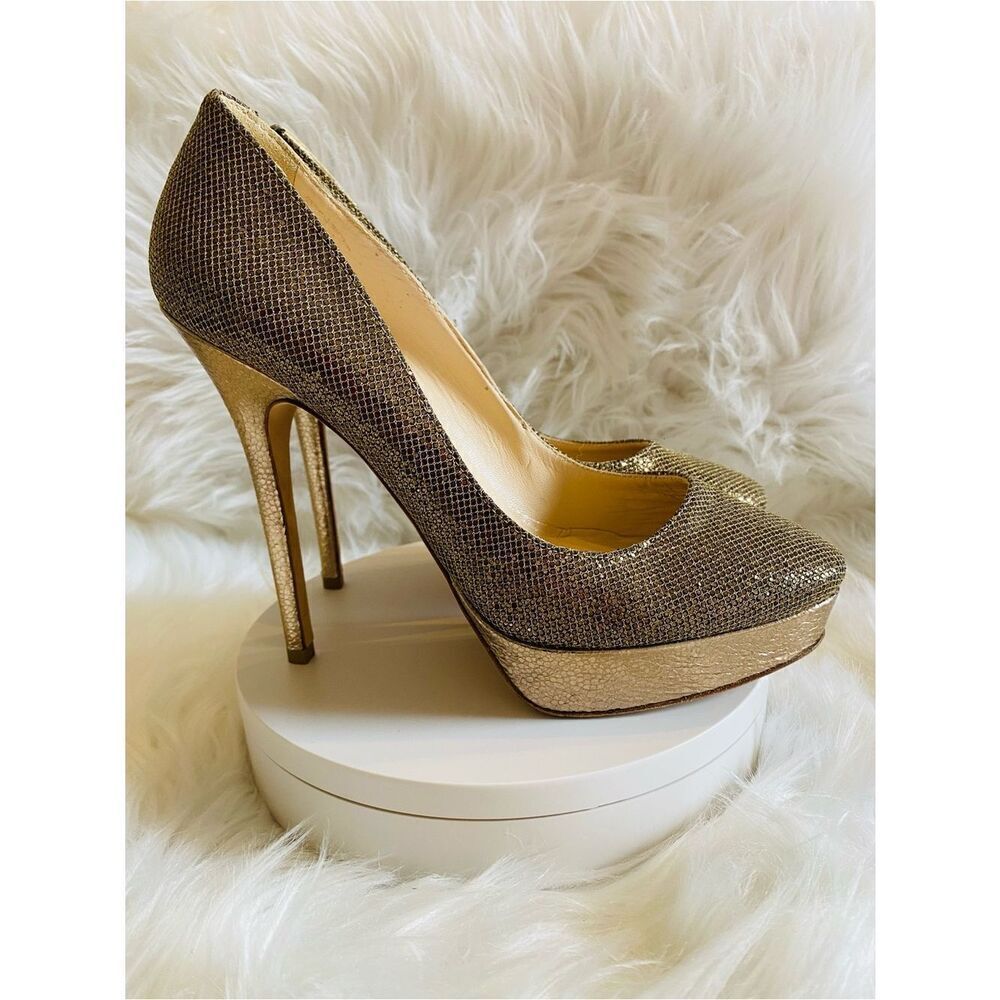 🛍️ Jimmy Choo Authentic Gold Glitter Fabric Eros Platform Pump